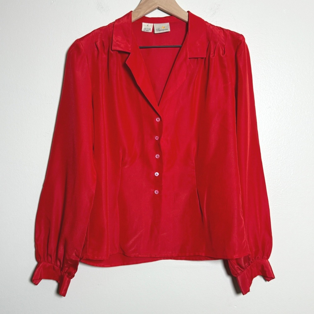 Liz‎ Claiborne VTG Womens Button Up Shirt 8 Red Pleated Romantic Blouse 90s